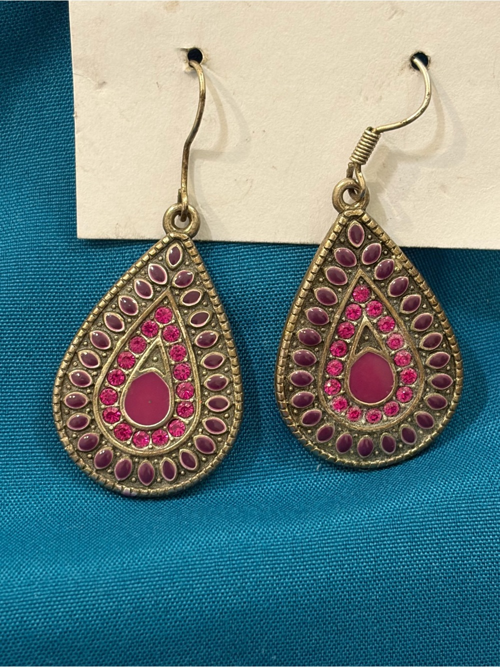 Vintage-Style Pink and Purple Teardrop Dangle Earrings with Gold Accents